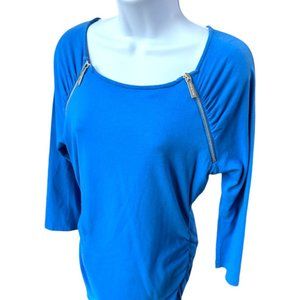 Michael Kors Cobalt Blue Top silver tone zippers 3/4 Sleeves Sz M #02